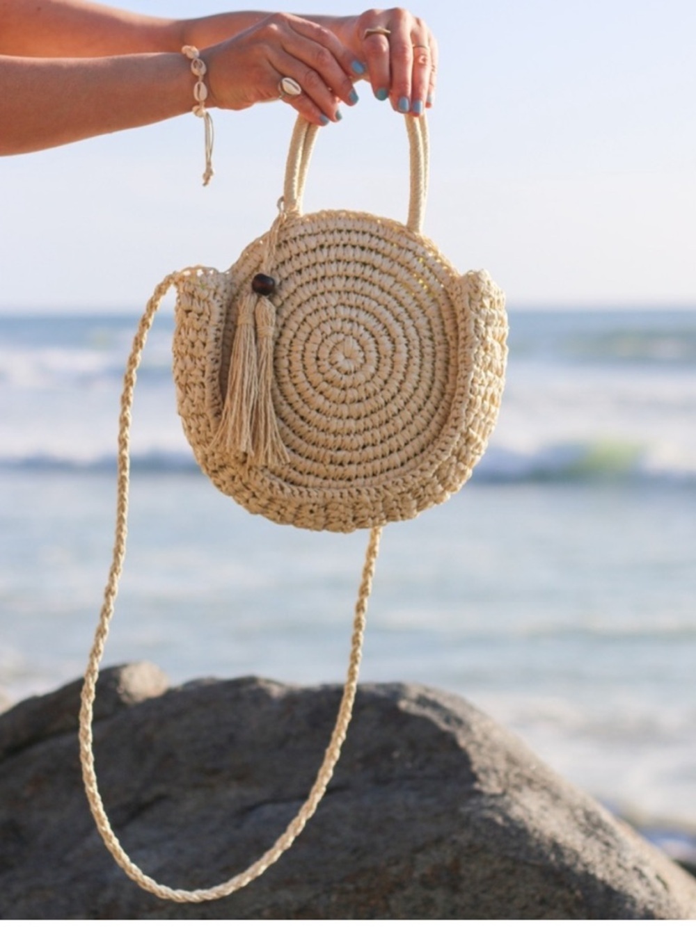 Solid & Striped Handcrafted Beachy Beige Straw Circle Crossbody Bag
